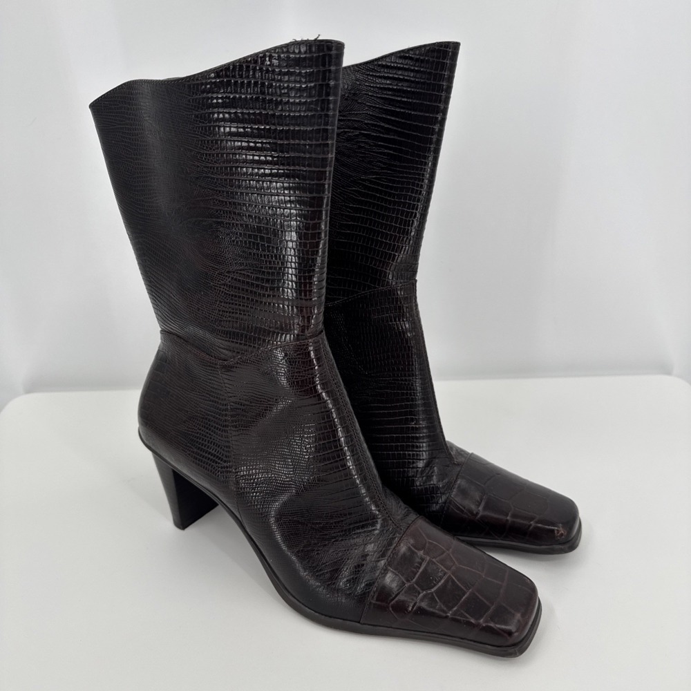 A. Marinelli Gravity Side Zip Brown Reptile Embossed Leather Boots Womens Size 8